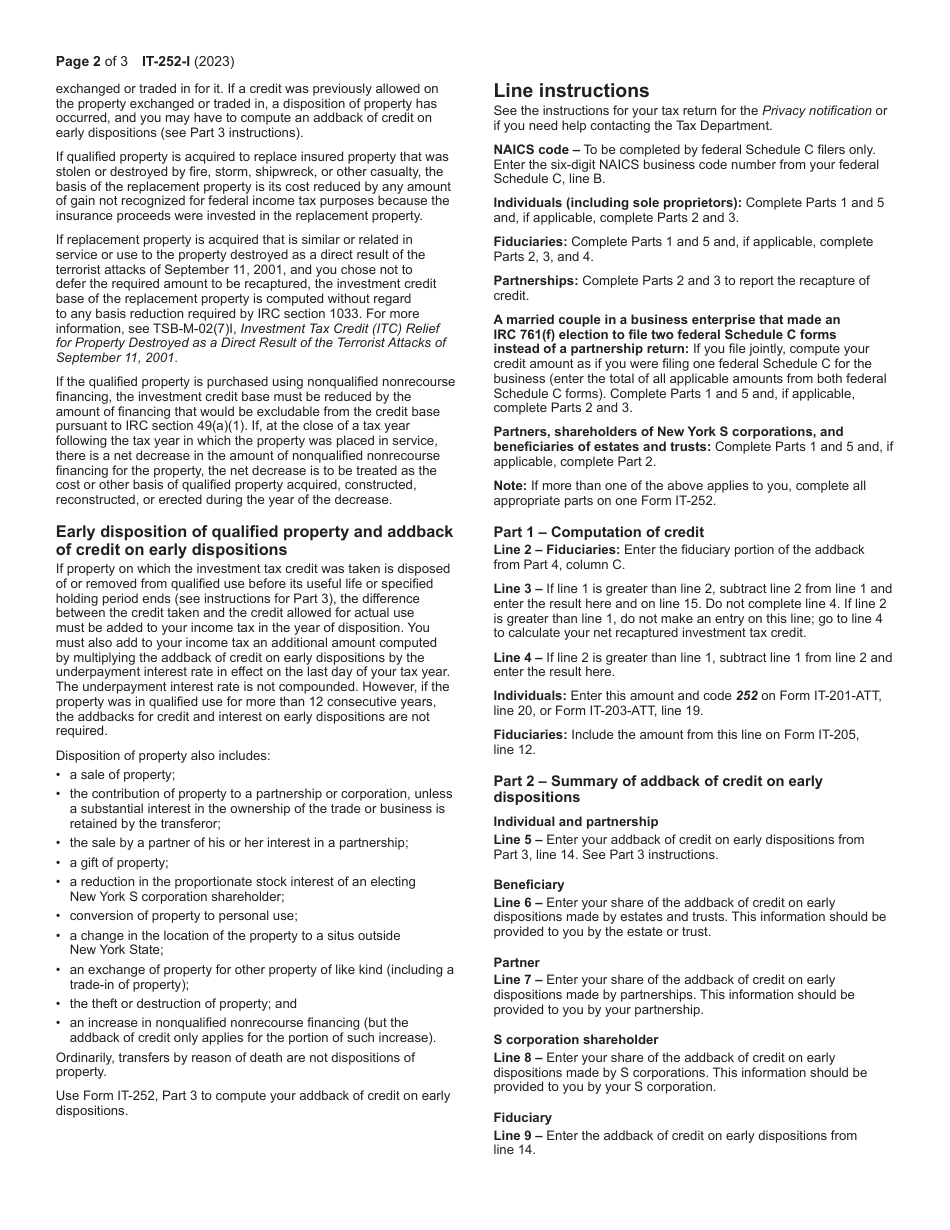 Instructions for Form IT-252 Investment Tax Credit for the Financial Services Industry - New York, Page 2