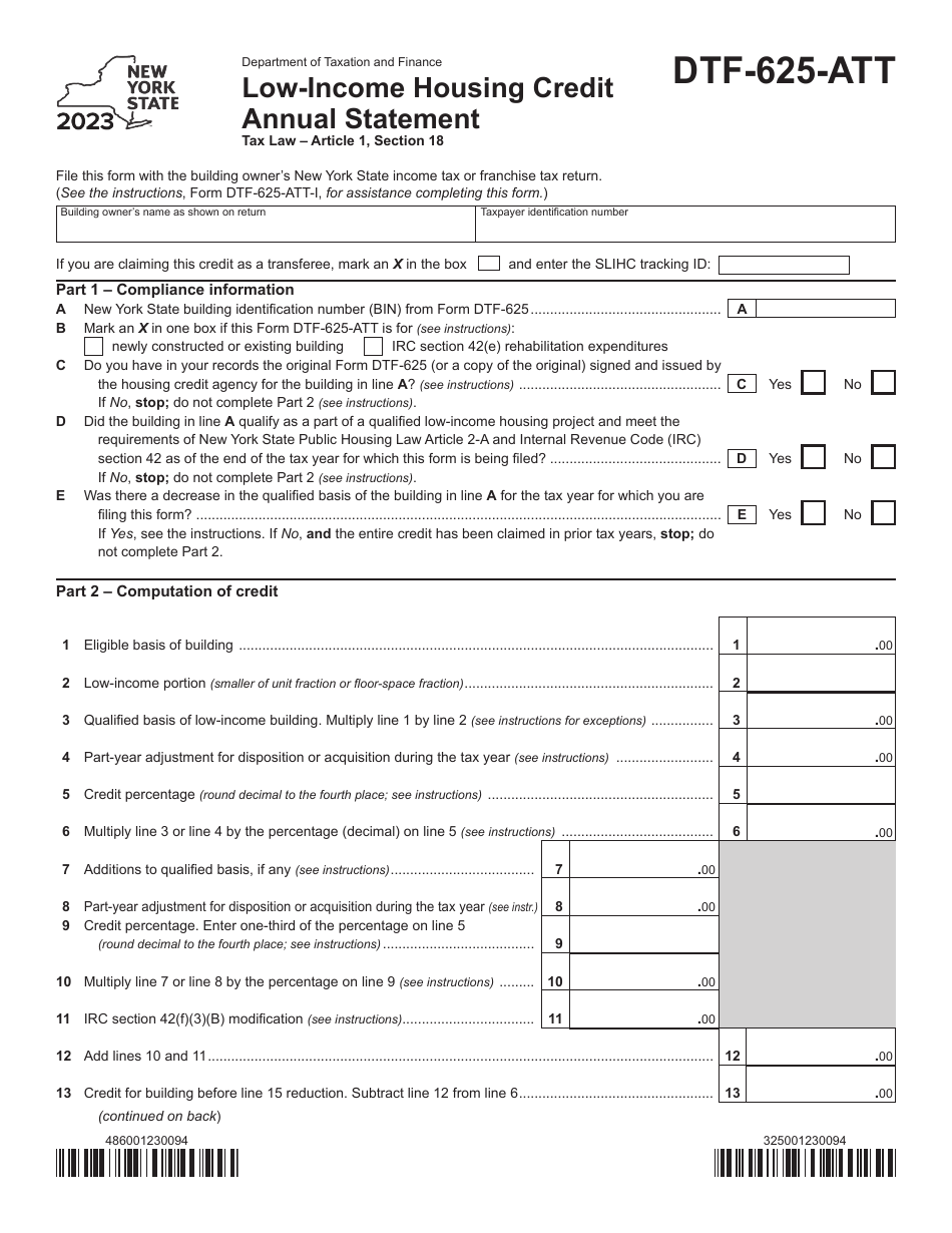 Form DTF-625-ATT Low-Income Housing Credit Annual Statement - New York, Page 1