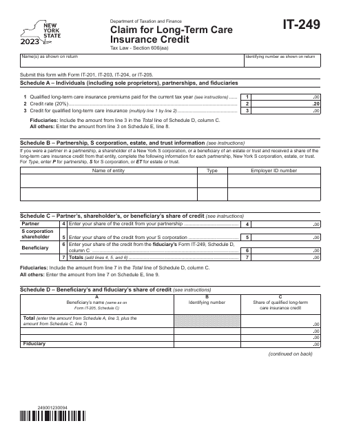 Form IT-249 Claim for Long-Term Care Insurance Credit - New York, 2023