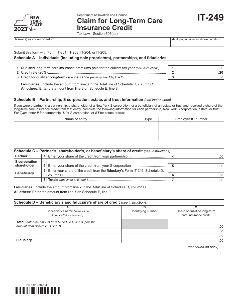 Form IT-249 Claim for Long-Term Care Insurance Credit - New York, Page 1