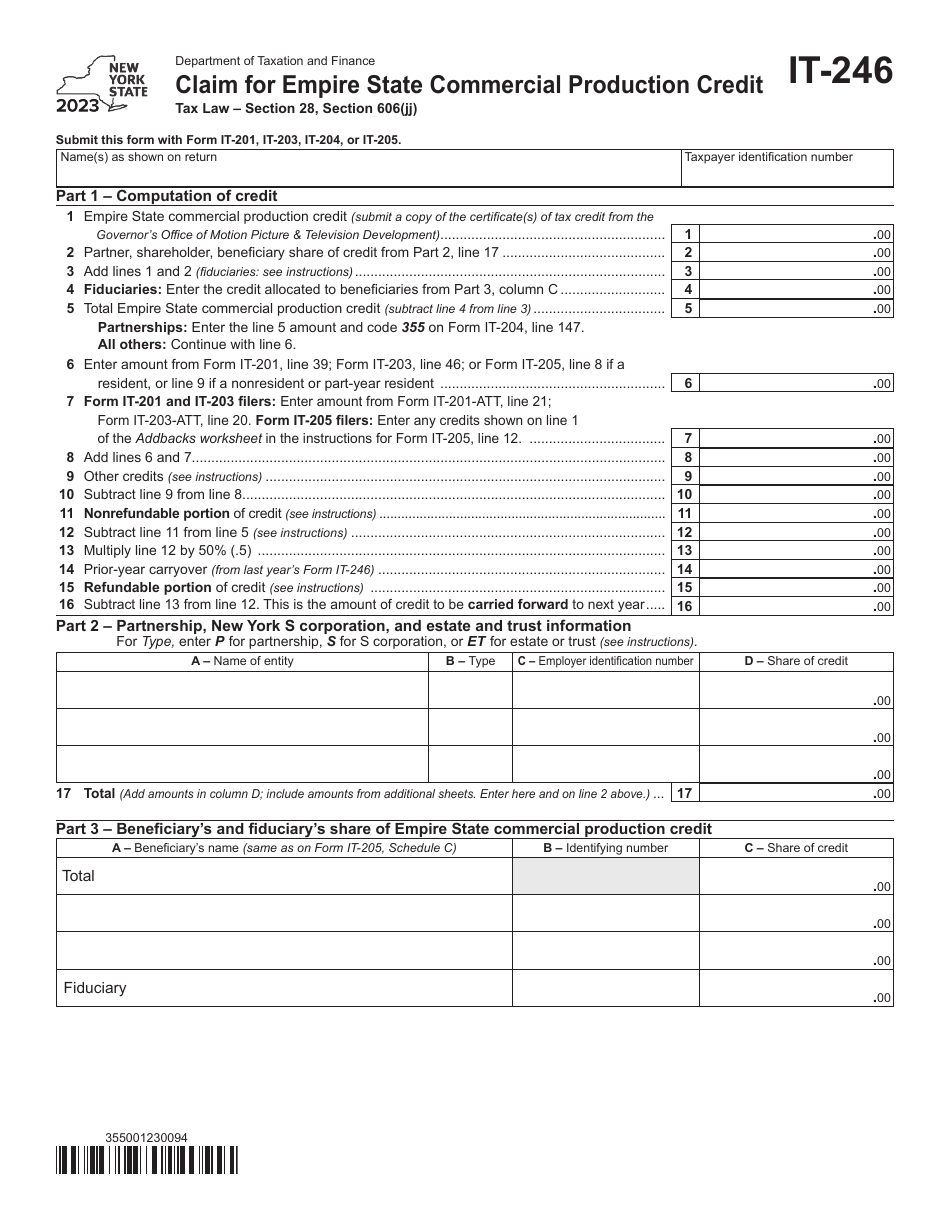 Form IT-246 Claim for Empire State Commercial Production Credit - New York, Page 1