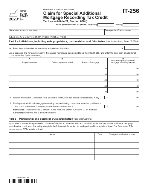 Form IT-256 Claim for Special Additional Mortgage Recording Tax Credit - New York, 2023