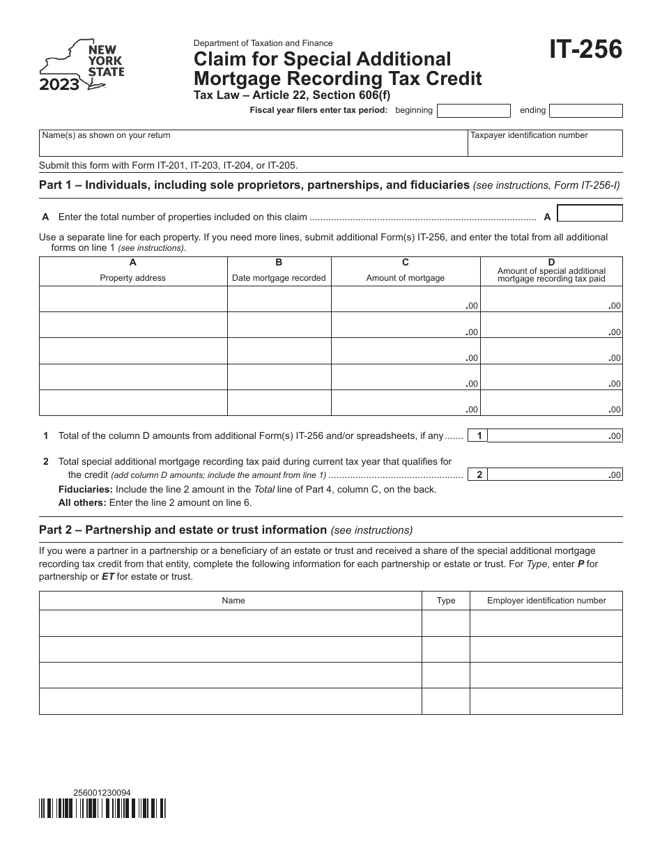 Form IT-256 Claim for Special Additional Mortgage Recording Tax Credit - New York, Page 1
