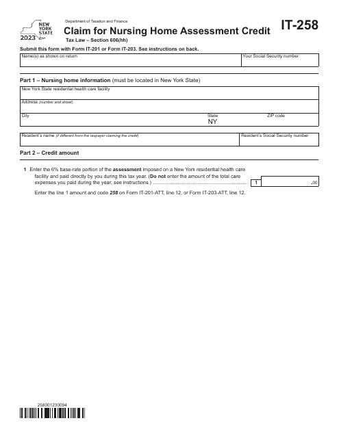Form IT-258 Claim for Nursing Home Assessment Credit - New York, 2023