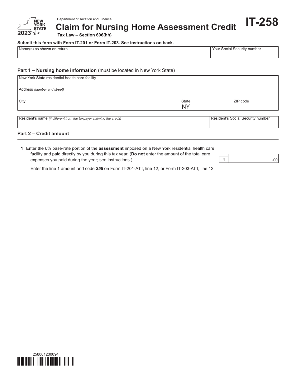 Form IT-258 Claim for Nursing Home Assessment Credit - New York, Page 1