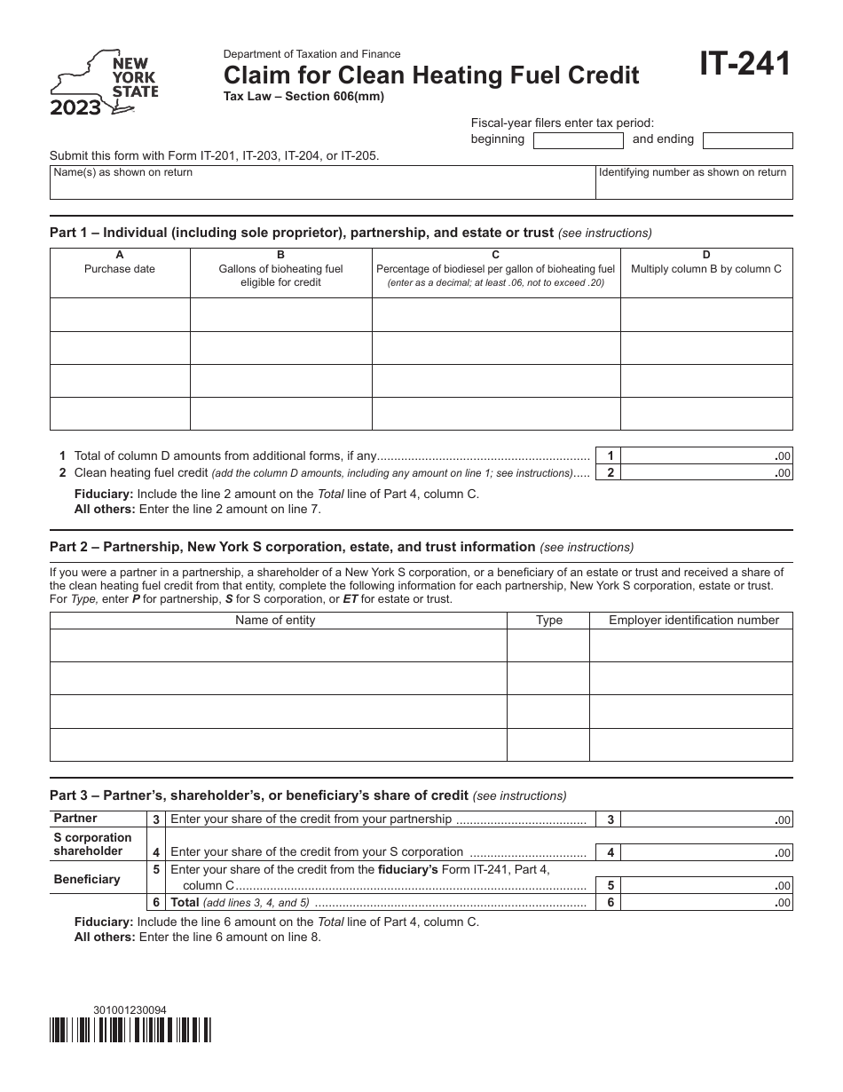 Form IT-241 Claim for Clean Heating Fuel Credit - New York, Page 1