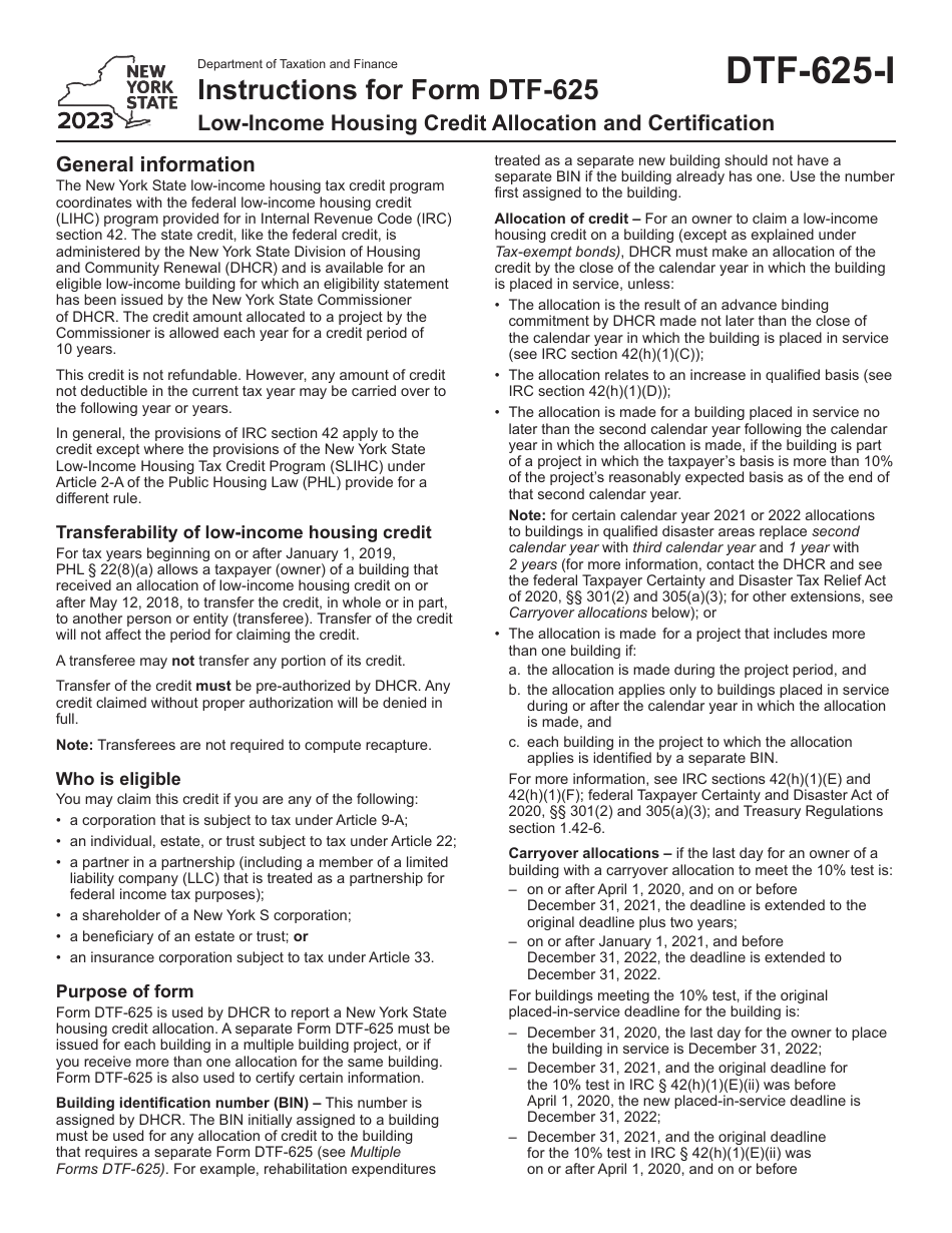 Instructions for Form DTF-625 Low-Income Housing Credit Allocation and Certification - New York, Page 1