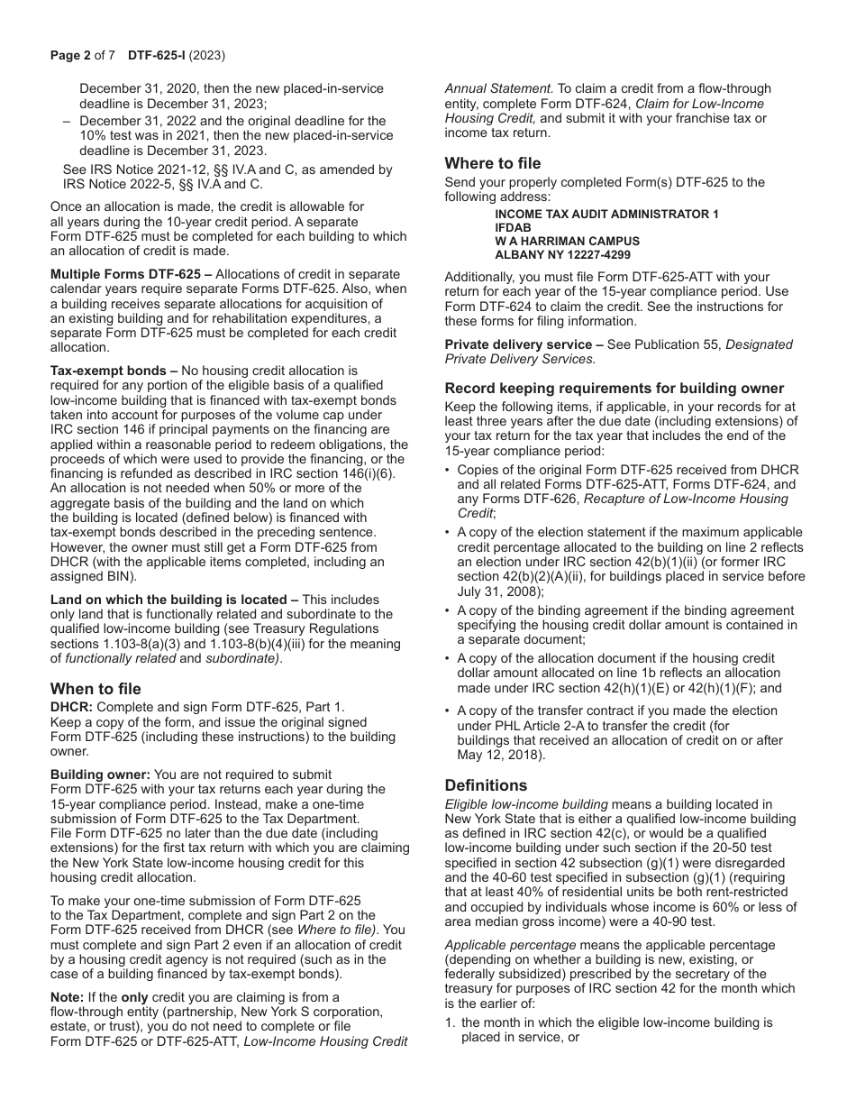 Instructions for Form DTF-625 Low-Income Housing Credit Allocation and Certification - New York, Page 2