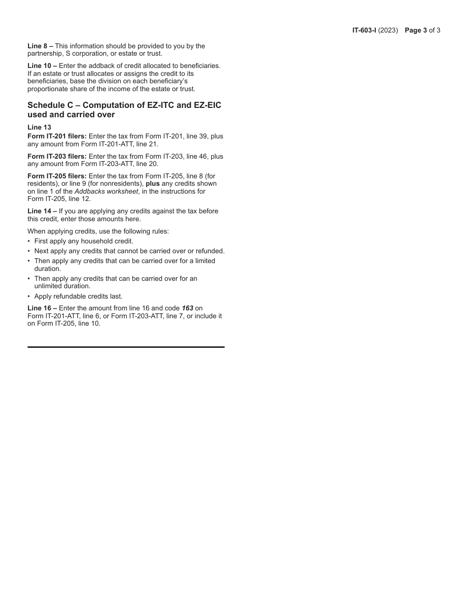 Instructions for Form IT-603 Claim for Ez Investment Tax Credit and Ez Employment Incentive Credit - New York, Page 3