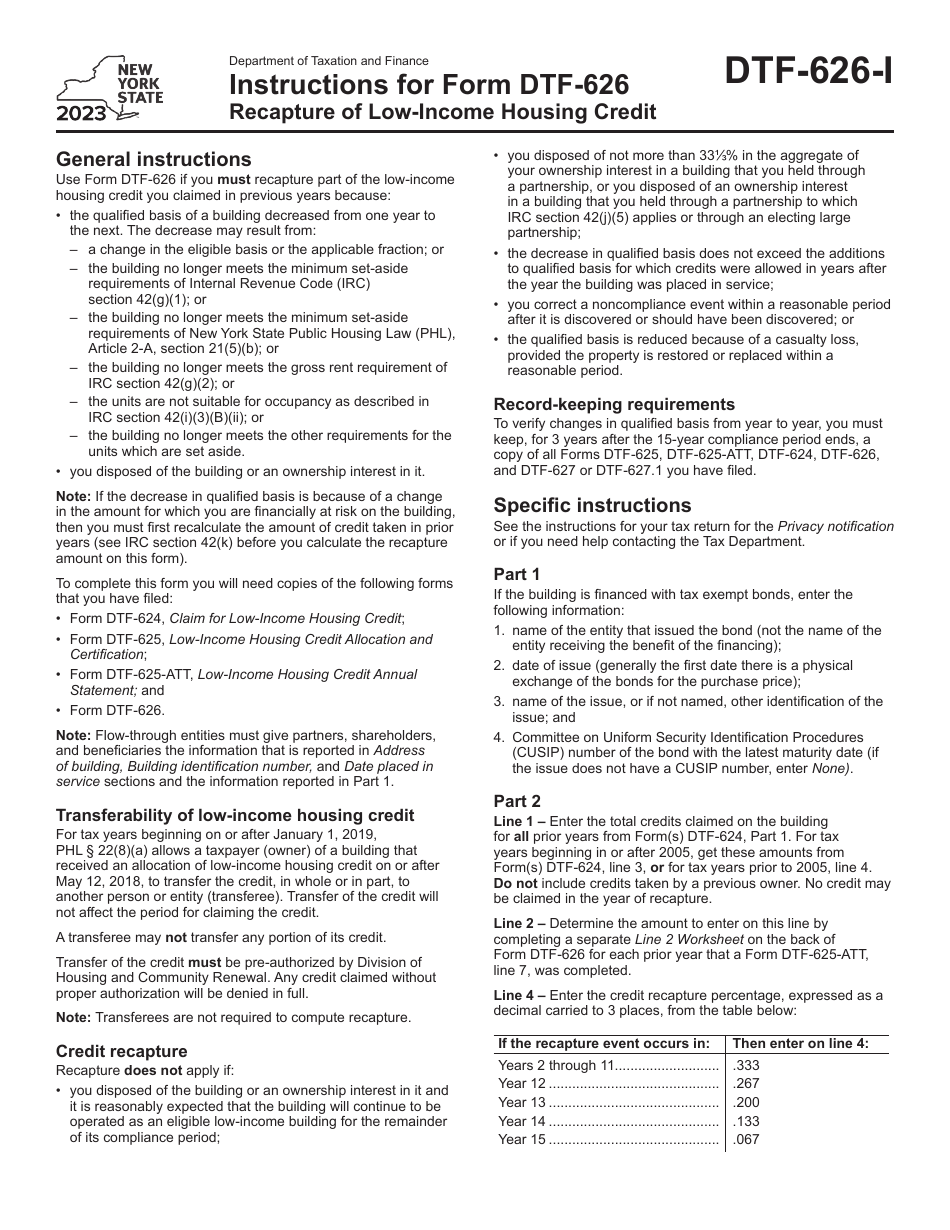 Instructions for Form DTF-626 Recapture of Low-Income Housing Credit - New York, Page 1