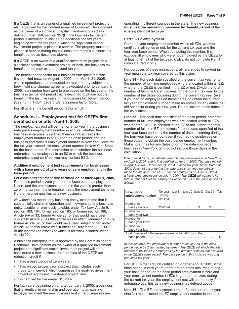 Instructions for Form IT-604 Claim for Qeze Tax Reduction Credit - New York, Page 7