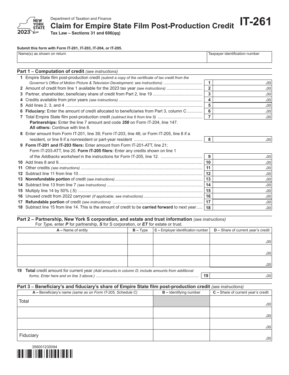 Form IT-261 Claim for Empire State Film Post-production Credit - New York, Page 1
