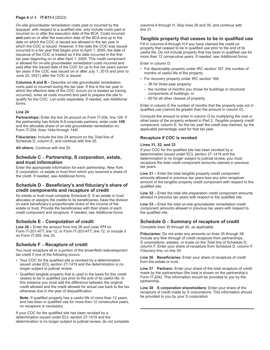 Instructions for Form IT-611 Claim for Brownfield Redevelopment Tax Credit for Qualified Sites Accepted Into the Brownfield Cleanup Program Prior to June 23, 2008 - New York, Page 4