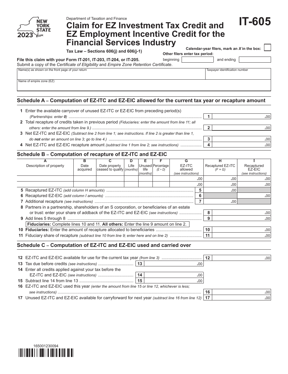 Form IT-605 Claim for Ez Investment Tax Credit and Ez Employment Incentive Credit for the Financial Services Industry - New York, Page 1