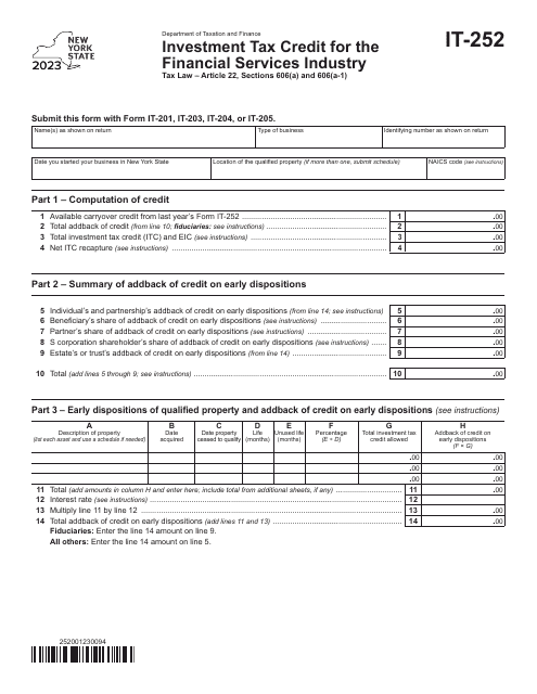 Form IT-252 Investment Tax Credit for the Financial Services Industry - New York, 2023