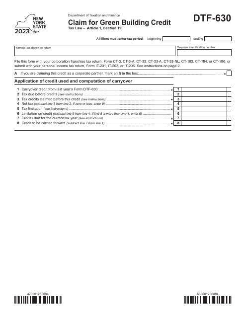 Form DTF-630 Claim for Green Building Credit - New York, 2023