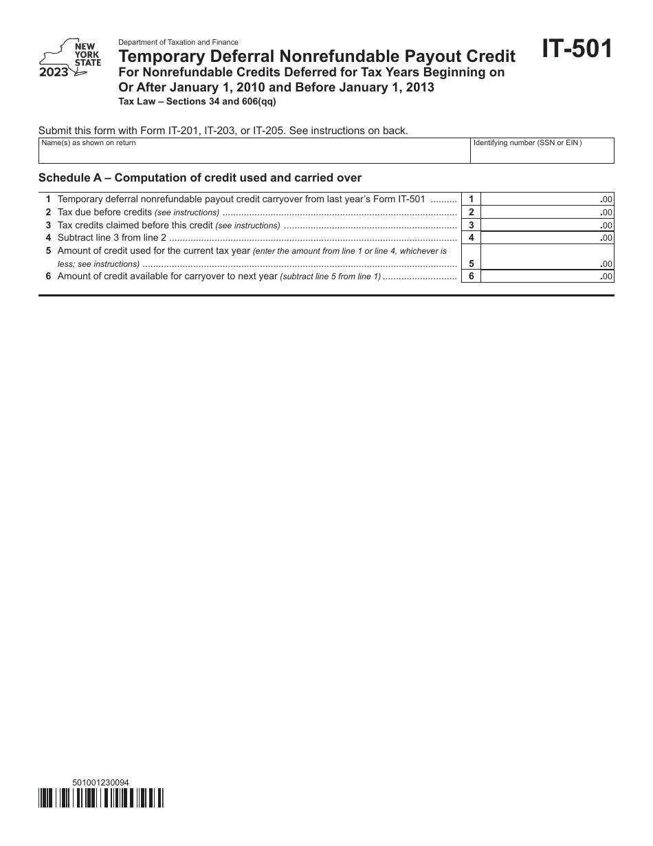 Form IT-501 Temporary Deferral Nonrefundable Payout Credit for Nonrefundable Credits Deferred for Tax Years Beginning on or After January 1, 2010 and Before January 1, 2013 - New York, Page 1