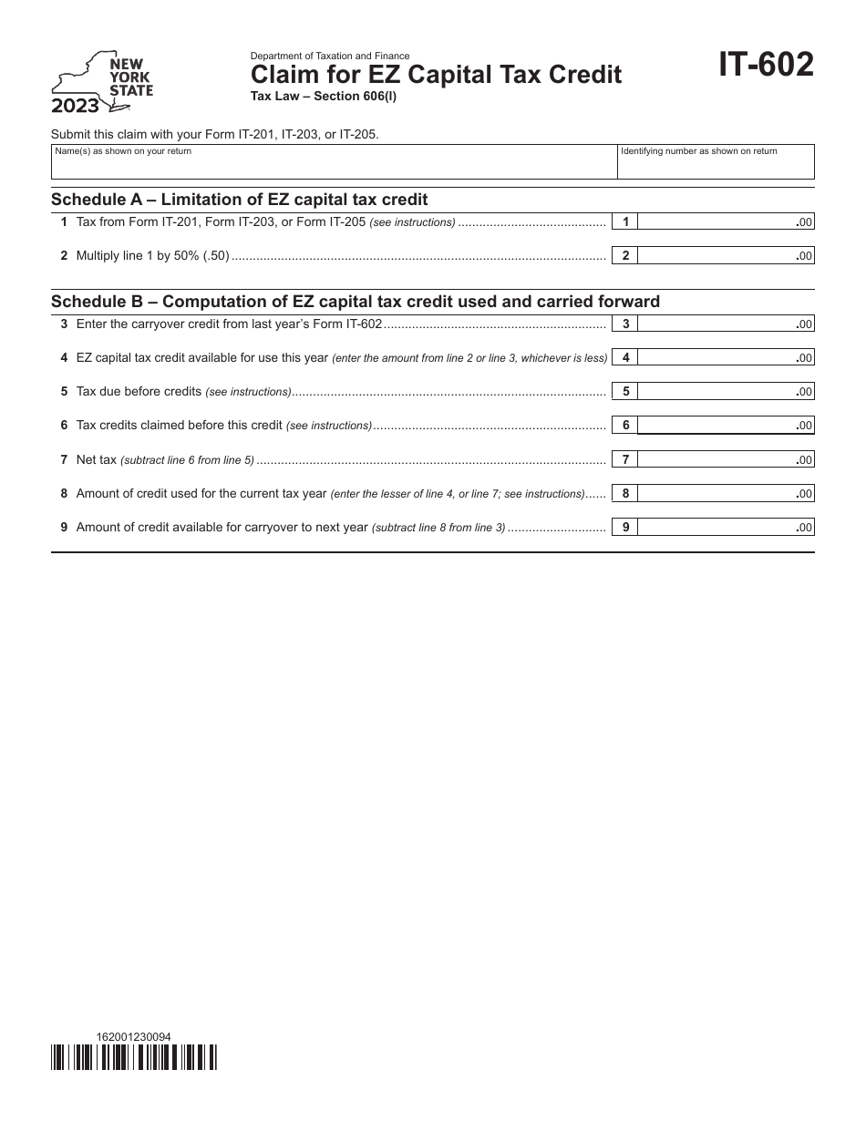 Form IT-602 Claim for Ez Capital Tax Credit - New York, Page 1
