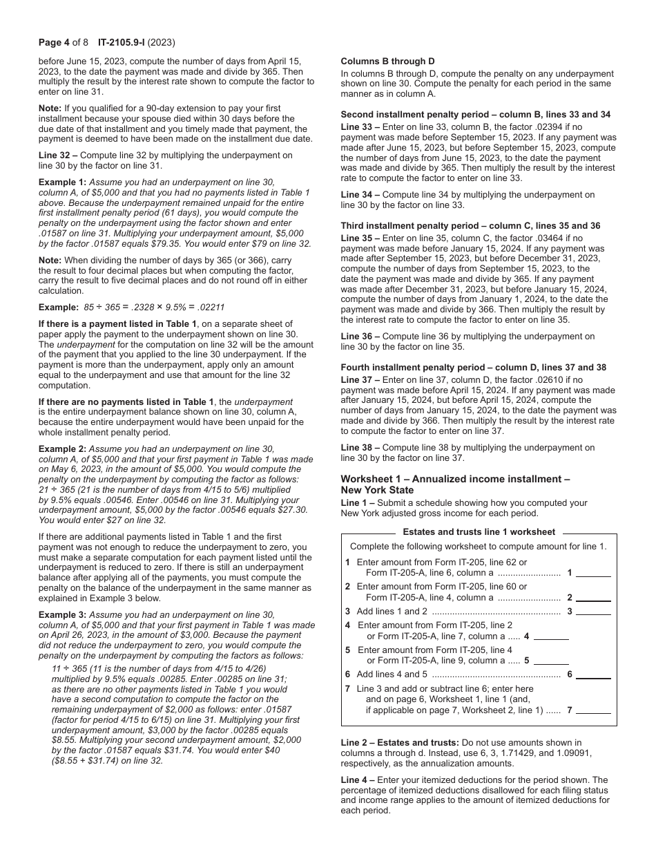 Instructions for Form IT-2105.9 Underpayment of Estimated Tax by Individuals and Fiduciaries - New York, Page 4