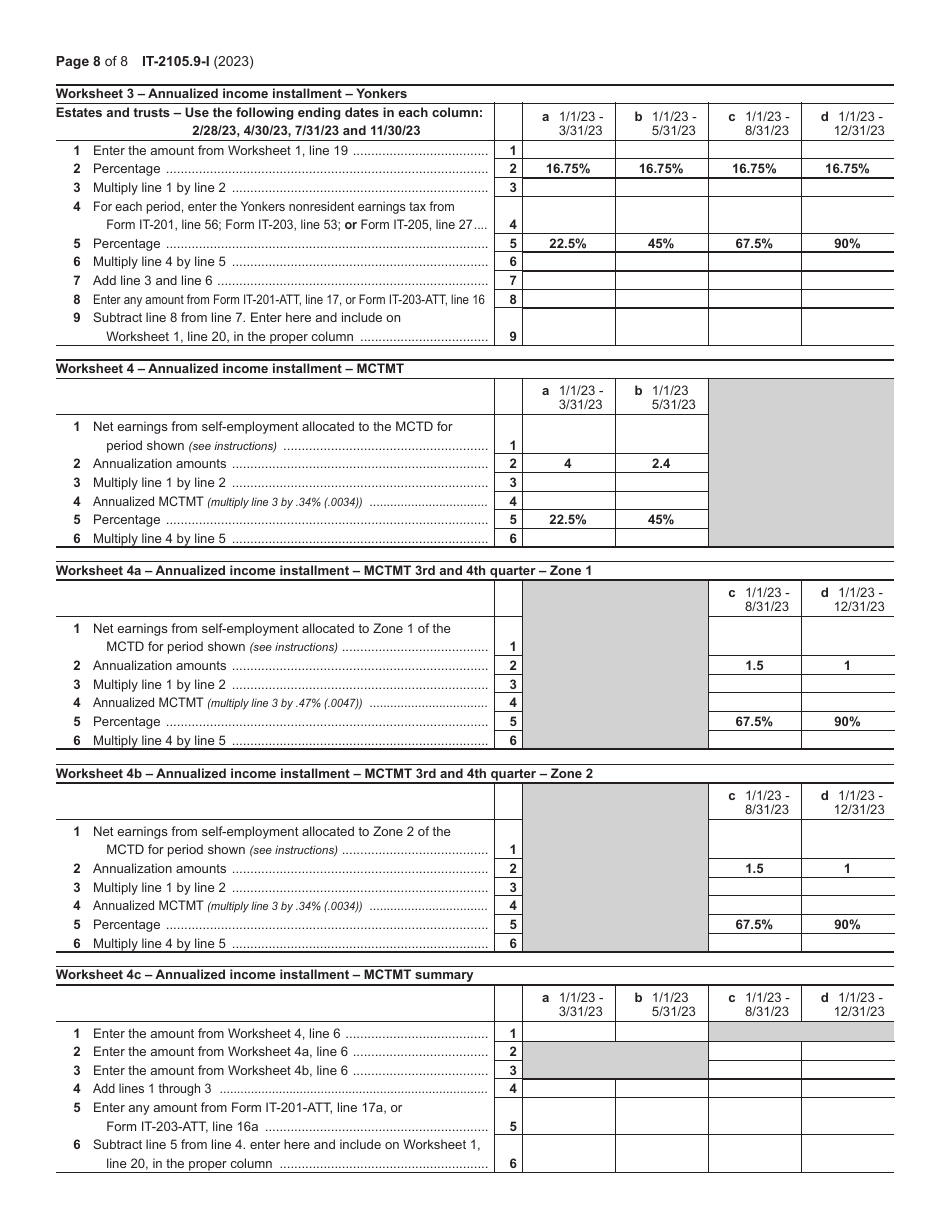 Instructions for Form IT-2105.9 Underpayment of Estimated Tax by Individuals and Fiduciaries - New York, Page 8