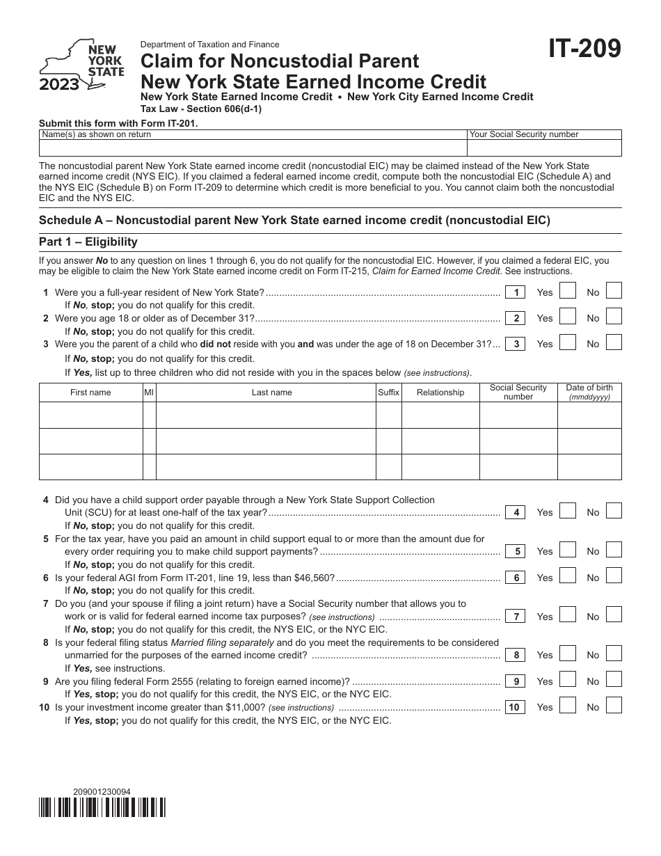 Form IT-209 Claim for Noncustodial Parent New York State Earned Income Credit - New York, Page 1