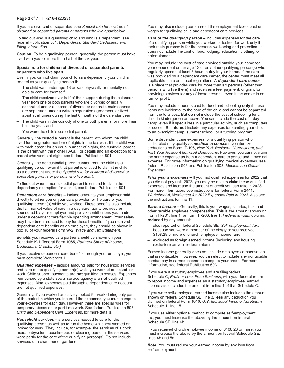Instructions for Form IT-216 Claim for Child and Dependent Care Credit - New York, Page 2