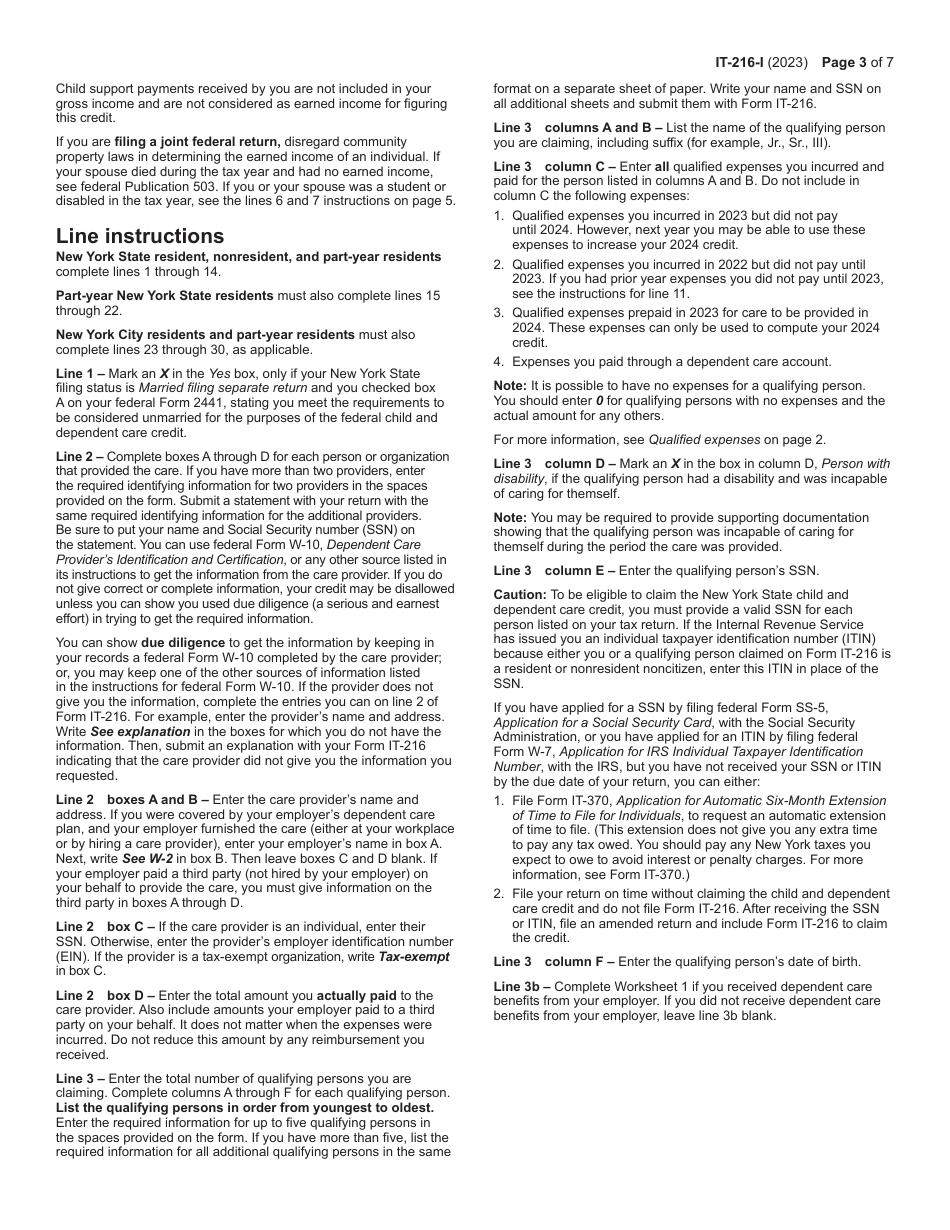 Instructions for Form IT-216 Claim for Child and Dependent Care Credit - New York, Page 3
