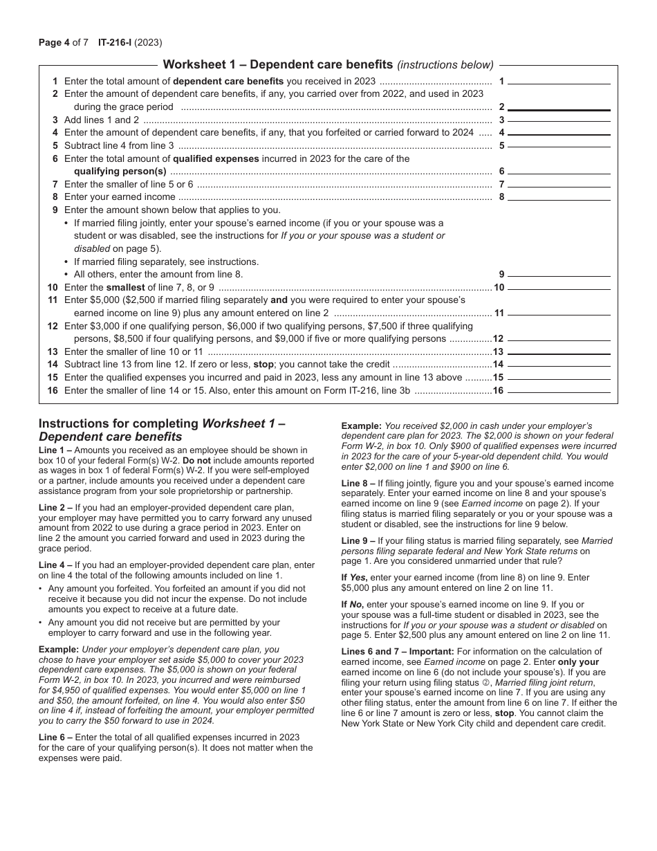 Instructions for Form IT-216 Claim for Child and Dependent Care Credit - New York, Page 4