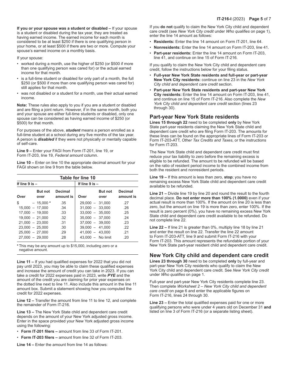 Instructions for Form IT-216 Claim for Child and Dependent Care Credit - New York, Page 5