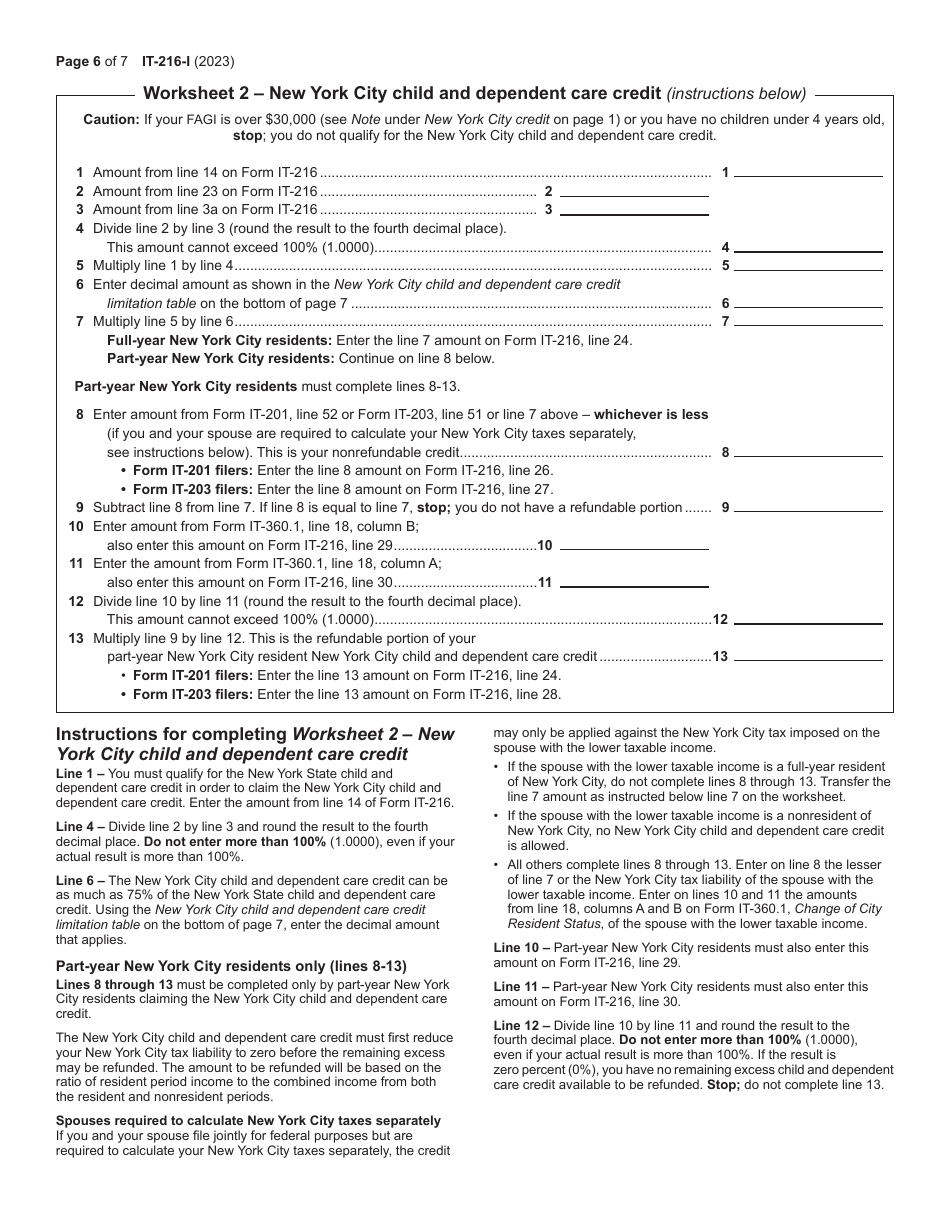 Instructions for Form IT-216 Claim for Child and Dependent Care Credit - New York, Page 6