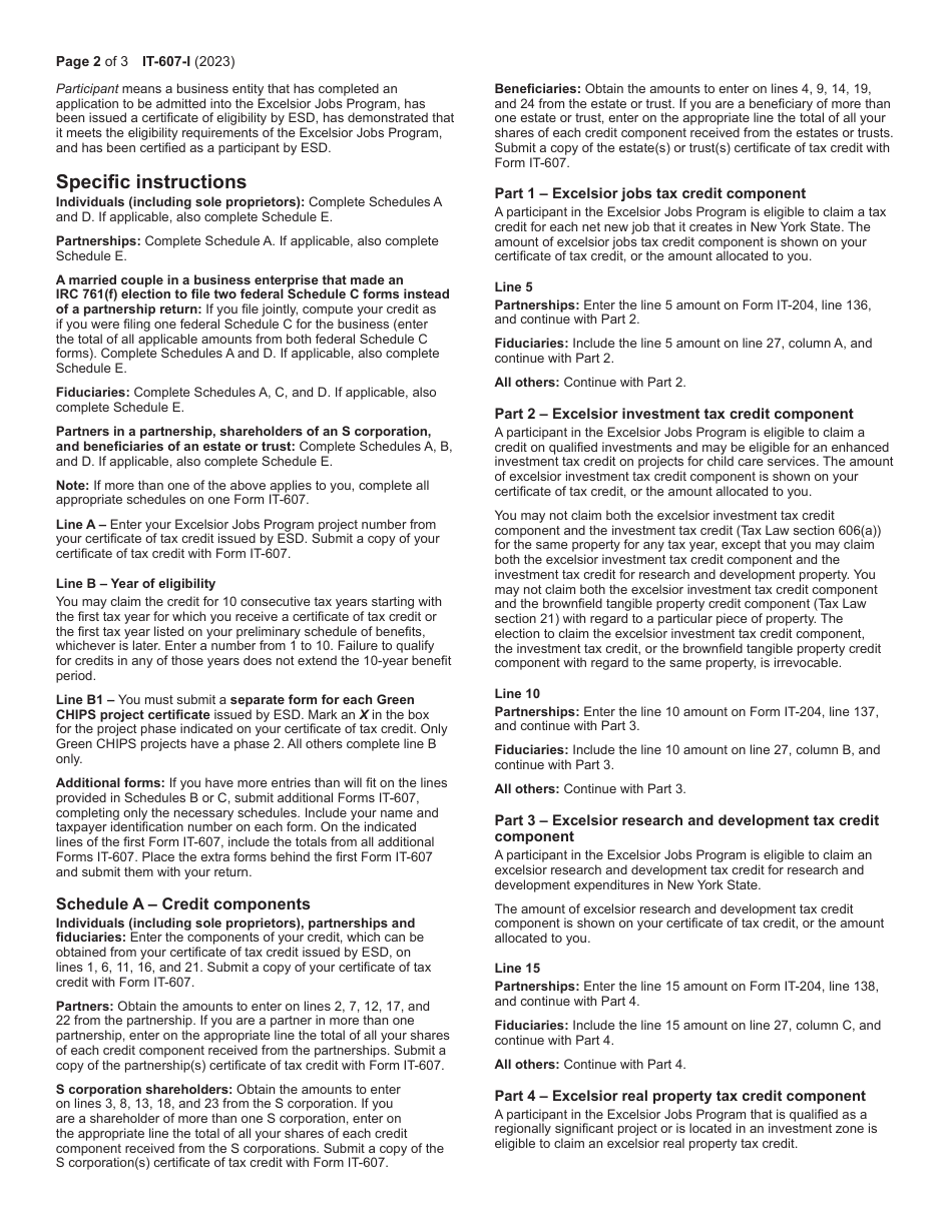Instructions for Form IT-607 Claim for Excelsior Jobs Program Tax Credit - New York, Page 2