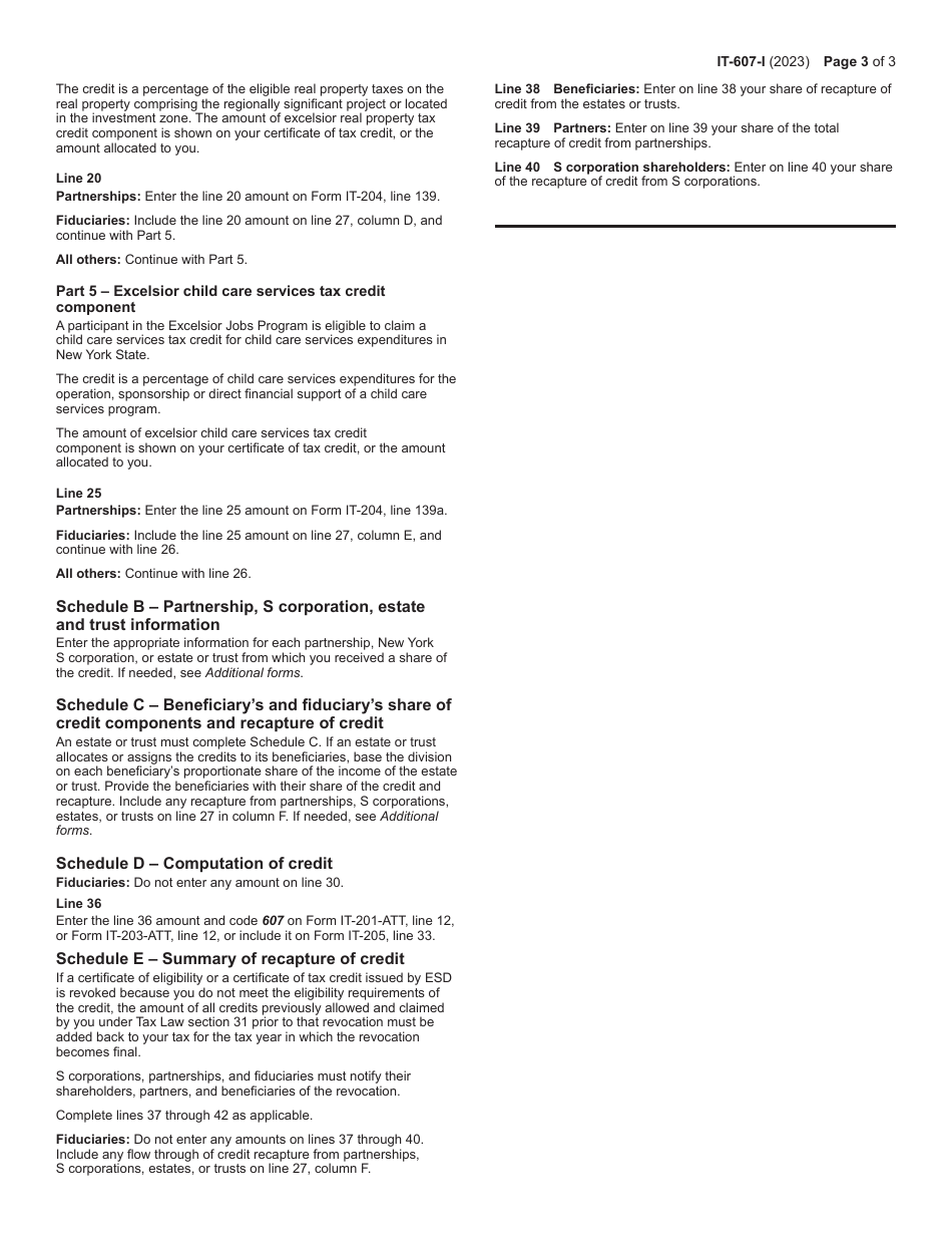 Download Instructions for Form IT607 Claim for Excelsior Jobs Program Tax Credit PDF, 2023