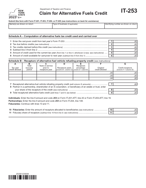 Form IT-253 Claim for Alternative Fuels Credit - New York, 2023