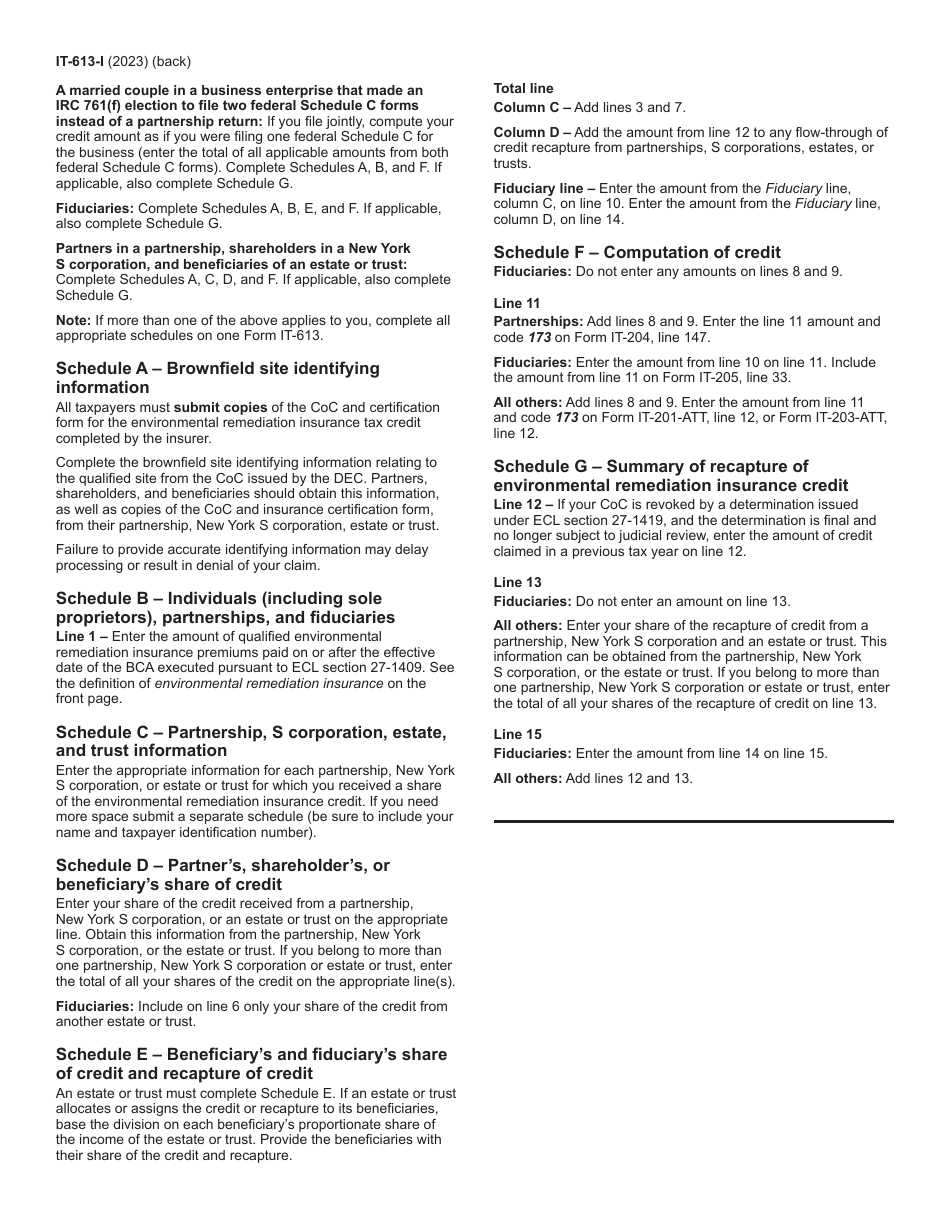 Instructions for Form IT-613 Claim for Environmental Remediation Insurance Credit for Qualified Sites Accepted Into the Brownfield Cleanup Program Prior to July 1, 2015 - New York, Page 2