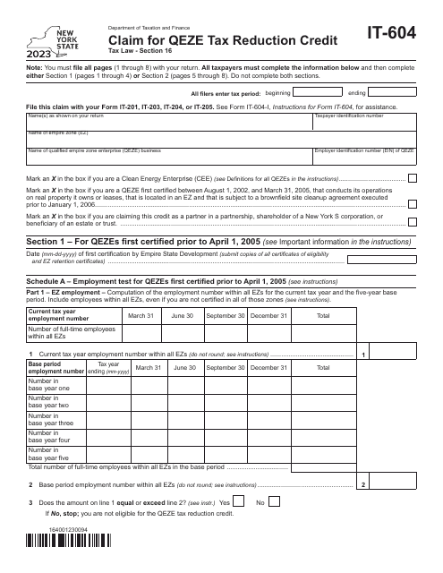Form IT-604 Claim for Qeze Tax Reduction Credit - New York, 2023