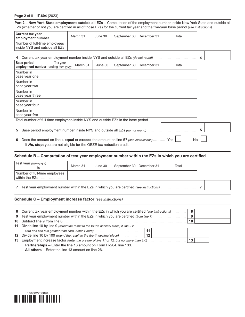 Form IT-604 Claim for Qeze Tax Reduction Credit - New York, Page 2