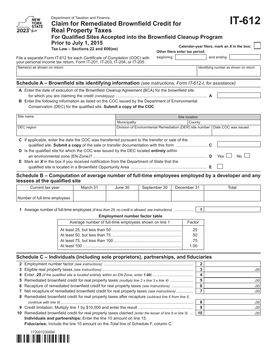 Form IT-612 Claim for Remediated Brownfield Credit for Real Property Taxes for Qualified Sites Accepted Into the Brownfield Cleanup Program Prior to July 1, 2015 - New York, Page 1