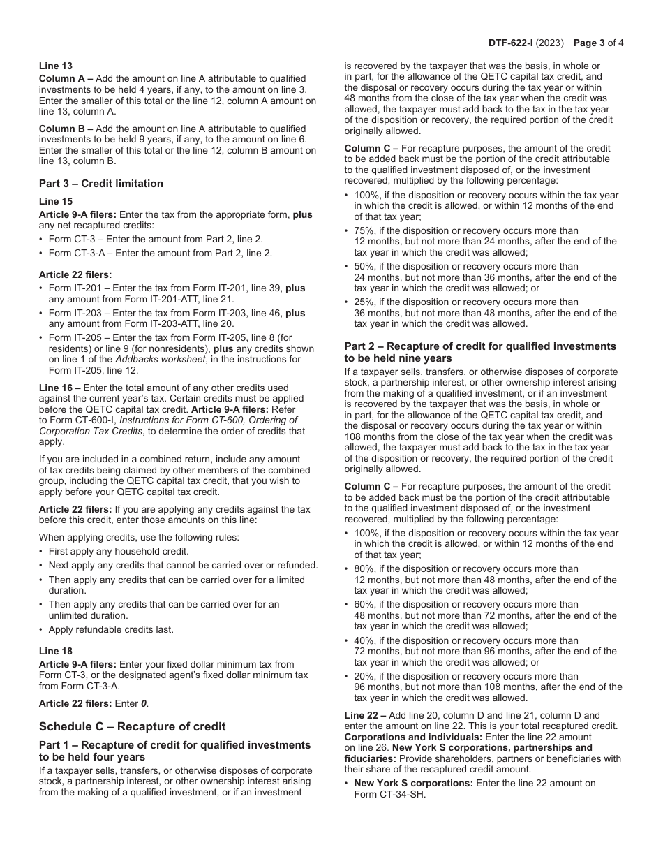 Instructions for Form DTF-622 Claim for Qetc Capital Tax Credit - New York, Page 3