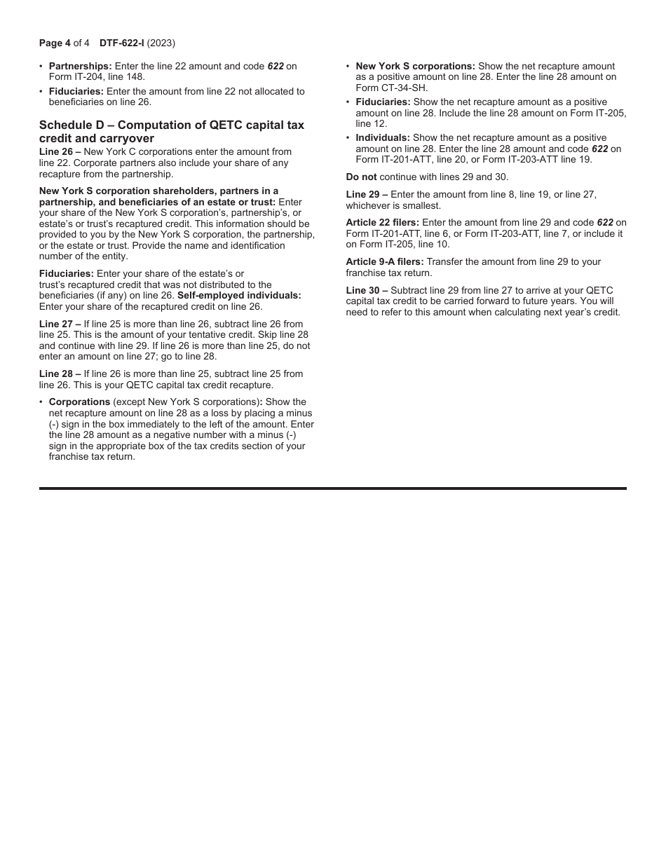 Instructions for Form DTF-622 Claim for Qetc Capital Tax Credit - New York, Page 4