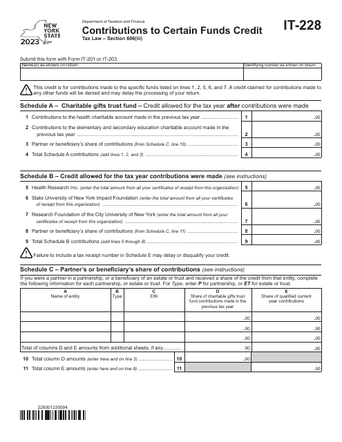 Form IT-228 Contributions to Certain Funds Credit - New York, 2023