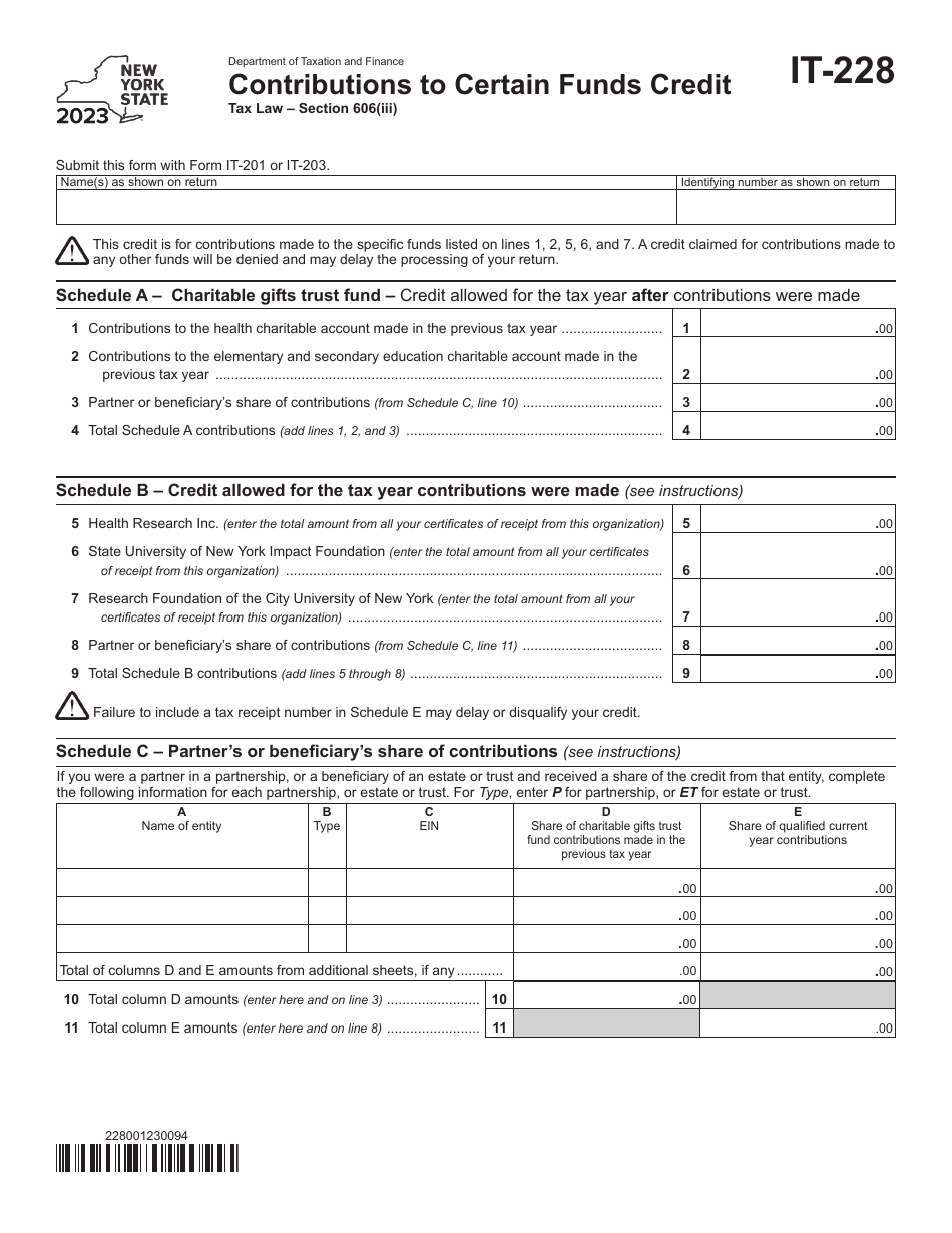 Form IT-228 Contributions to Certain Funds Credit - New York, Page 1