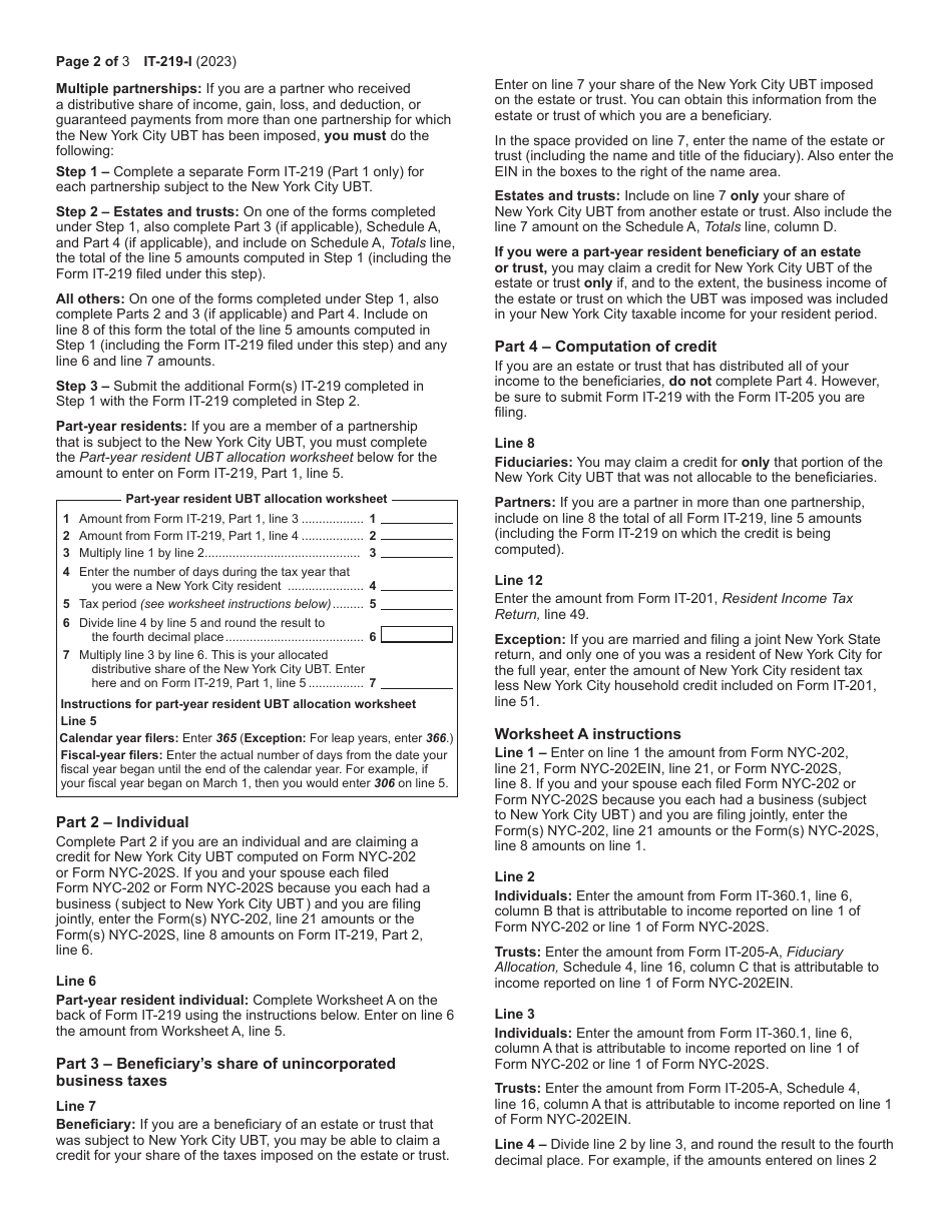 Instructions for Form IT-219 Credit for New York City Unincorporated Business Tax - New York, Page 2
