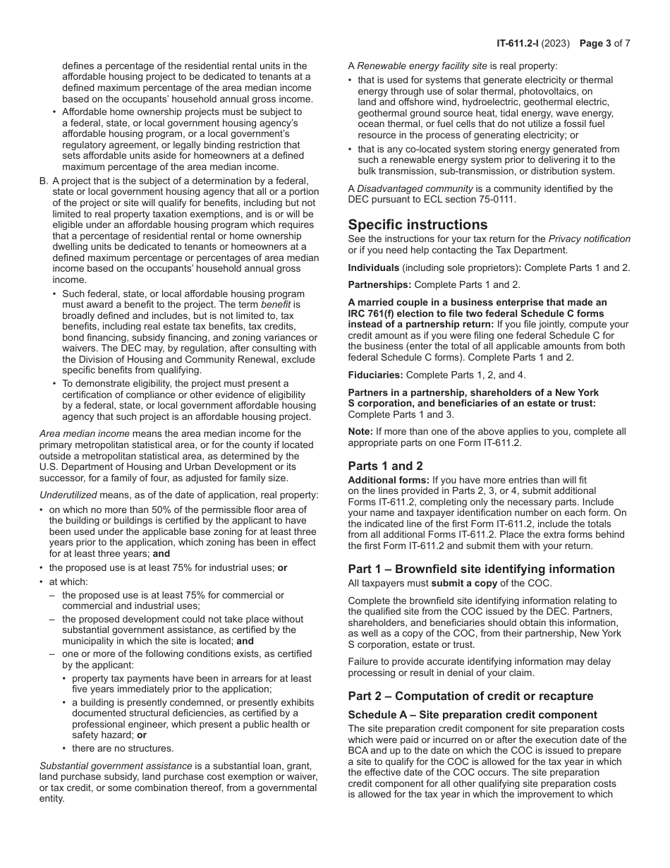 Instructions for Form IT-611.2 Claim for Brownfield Redevelopment Tax Credit for Qualified Sites Accepted Into the Brownfield Cleanup Program on or After July 1, 2015 - New York, Page 3