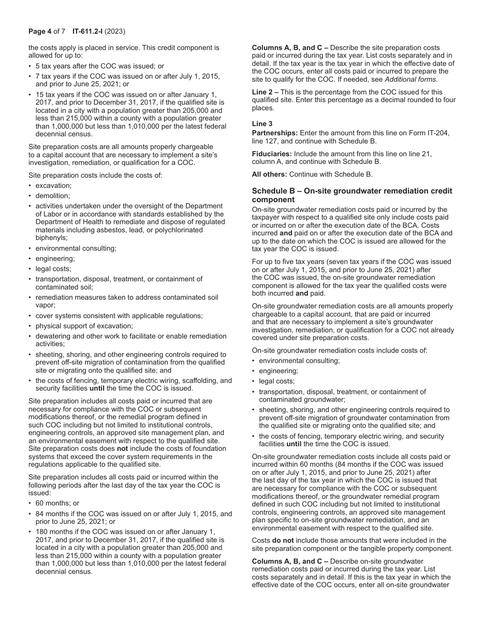 Instructions for Form IT-611.2 Claim for Brownfield Redevelopment Tax Credit for Qualified Sites Accepted Into the Brownfield Cleanup Program on or After July 1, 2015 - New York, Page 4