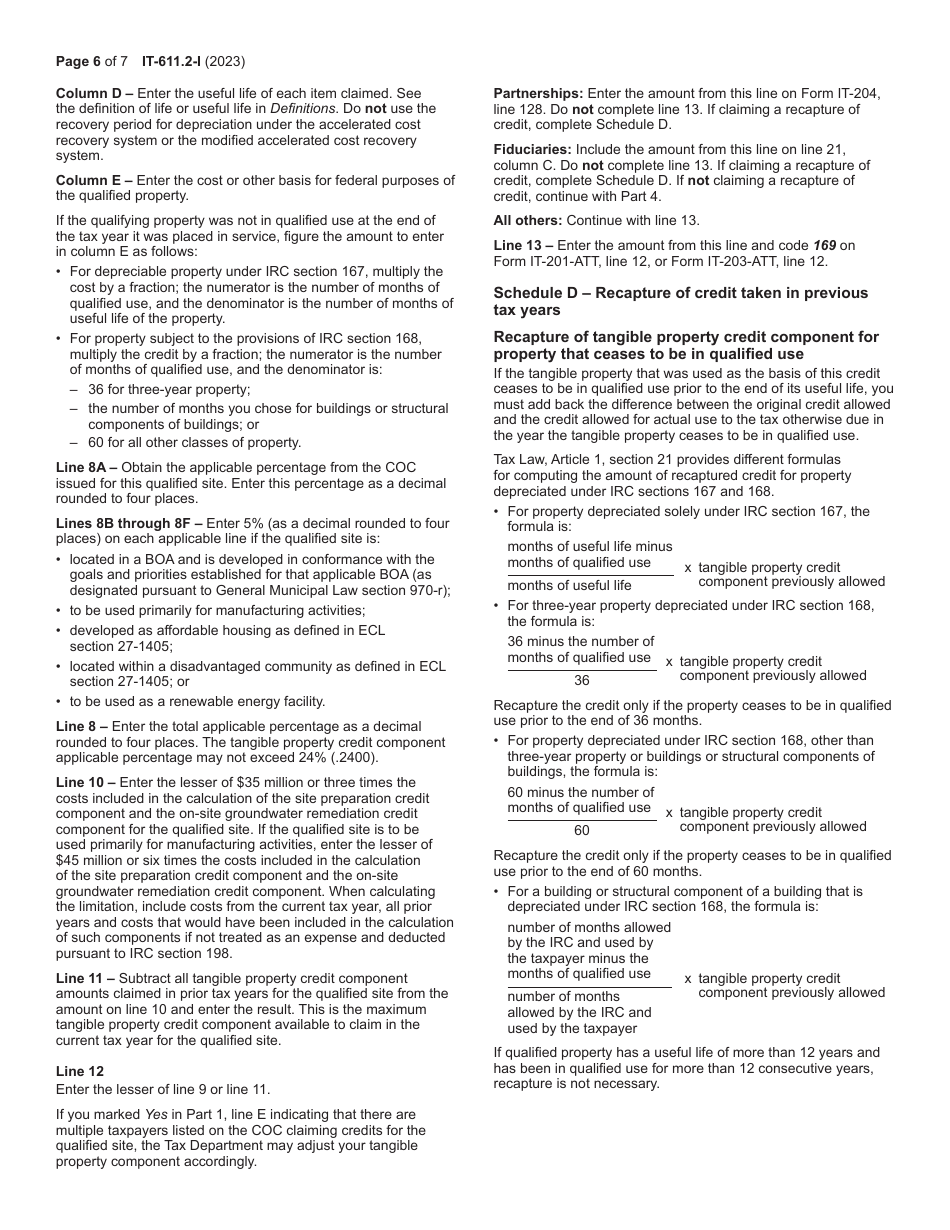 Instructions for Form IT-611.2 Claim for Brownfield Redevelopment Tax Credit for Qualified Sites Accepted Into the Brownfield Cleanup Program on or After July 1, 2015 - New York, Page 6