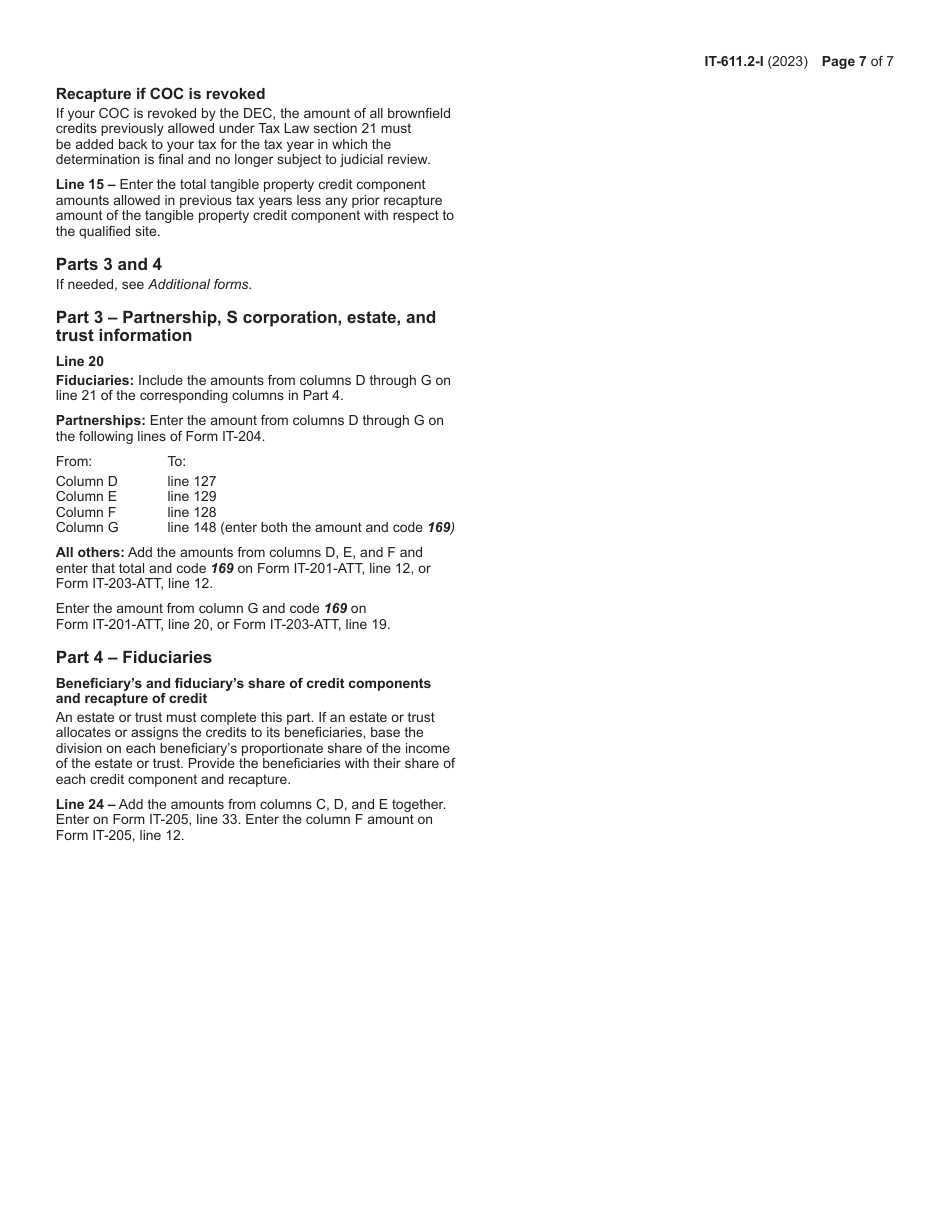 Instructions for Form IT-611.2 Claim for Brownfield Redevelopment Tax Credit for Qualified Sites Accepted Into the Brownfield Cleanup Program on or After July 1, 2015 - New York, Page 7