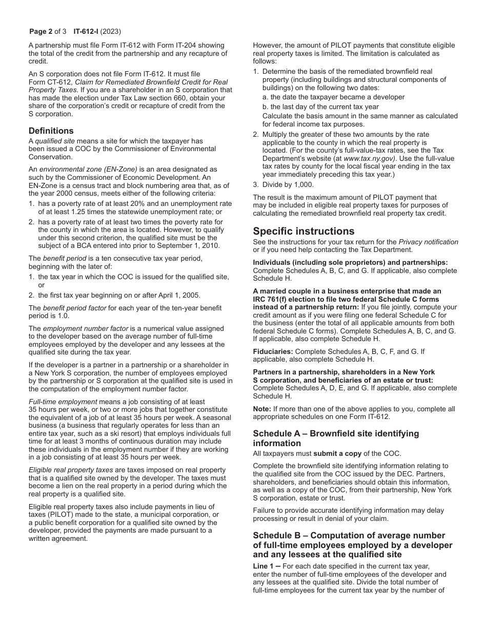 Instructions for Form IT-612 Claim for Remediated Brownfield Credit for Real Property Taxes for Qualified Sites Accepted Into the Brownfield Cleanup Program Prior to July 1, 2015 - New York, Page 2