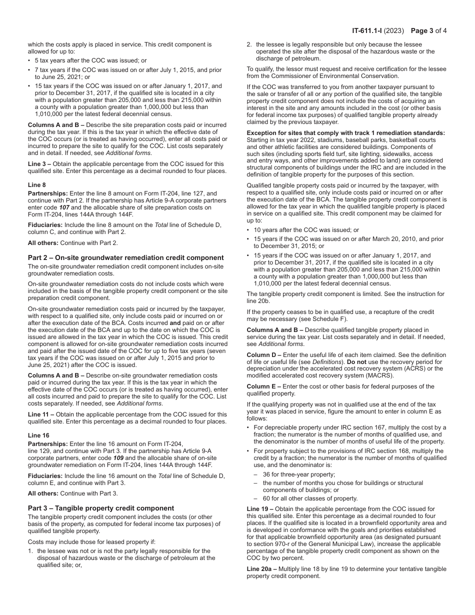 Instructions for Form IT-611.1 Claim for Brownfield Redevelopment Tax Credit for Qualified Sites Accepted Into the Brownfield Cleanup Program on or After June 23, 2008, and Prior to July 1, 2015 - New York, Page 3