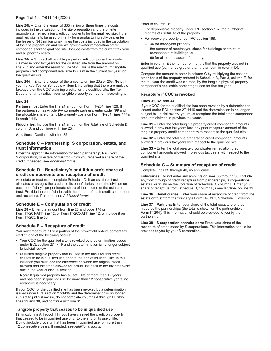 Instructions for Form IT-611.1 Claim for Brownfield Redevelopment Tax Credit for Qualified Sites Accepted Into the Brownfield Cleanup Program on or After June 23, 2008, and Prior to July 1, 2015 - New York, Page 4
