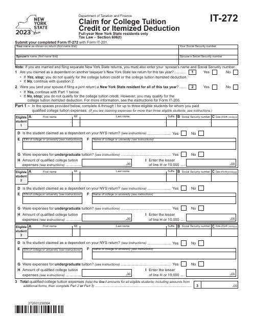 Form IT-272 Claim for College Tuition Credit or Itemized Deduction - Full-Year New York State Residents Only - New York, 2023